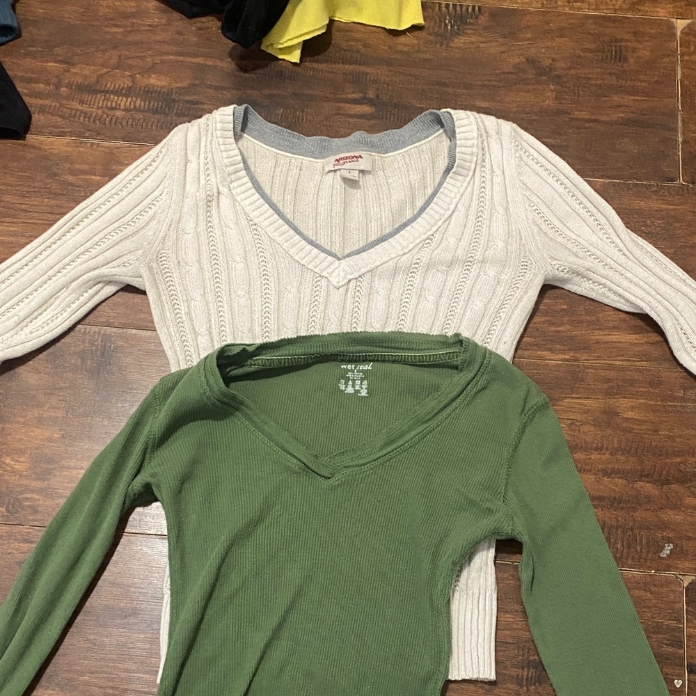 Green V-Neck Sweater, white V-neck sweater